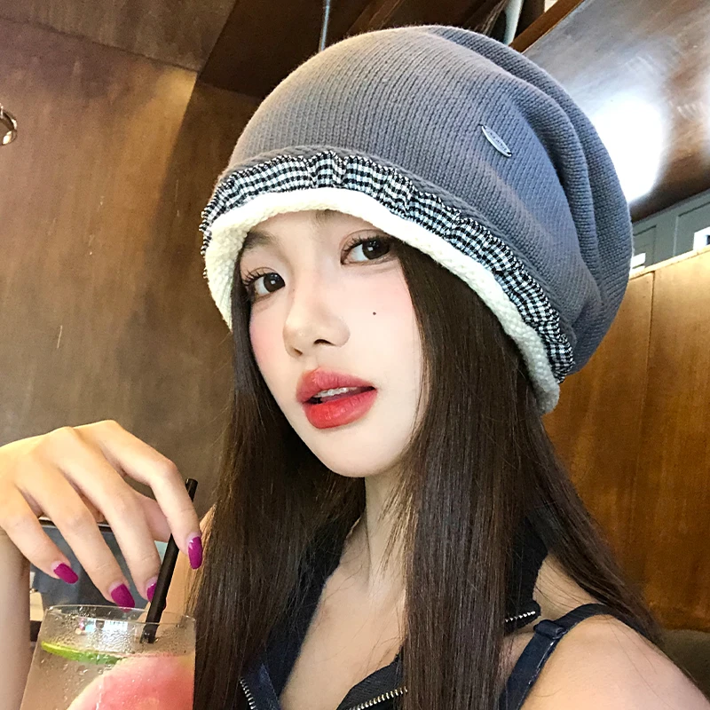 

Simple Japanese Loose Plaid Splicing Knitted Pullover Hat Women Autumn Thin Breathable Temperament Knitted Skull Beanie Cap