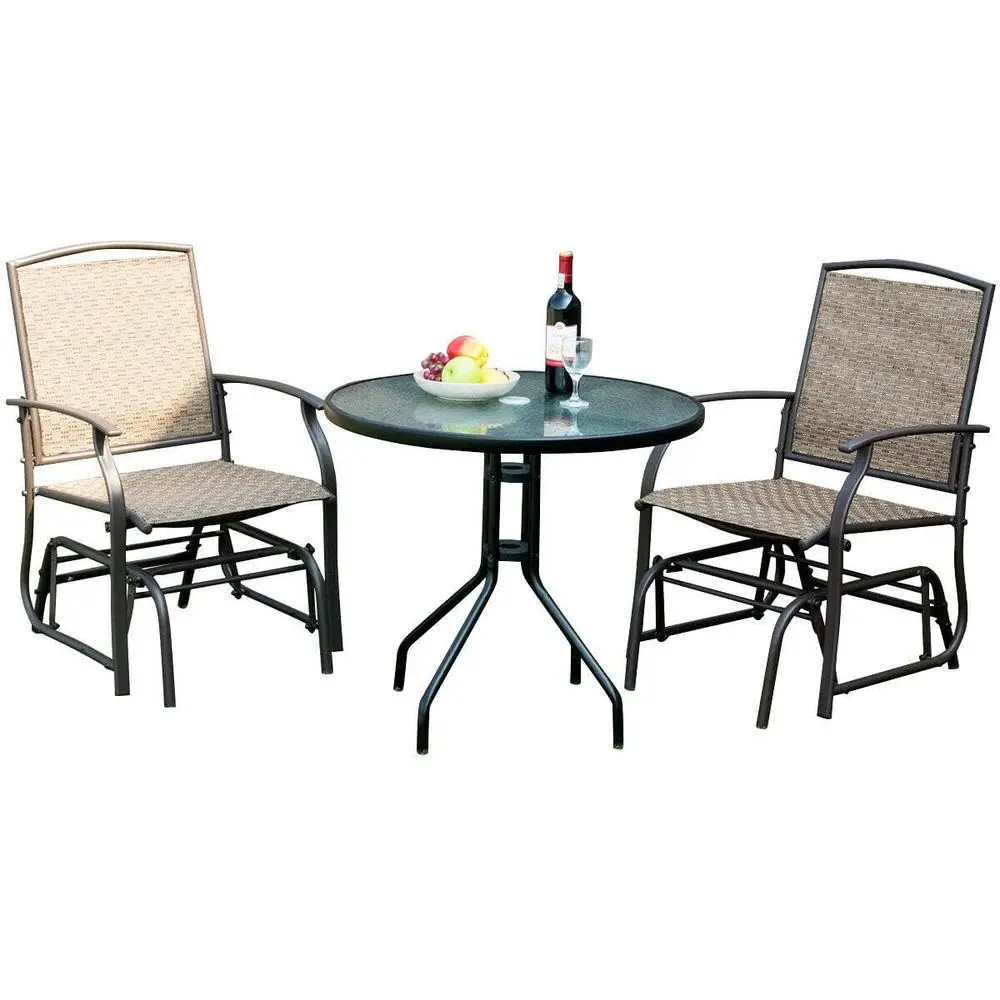 

3-Piece Outdoor Patio Bistro Set with Rocking Glider Chair and Glass Table featuring Umbrella Hole