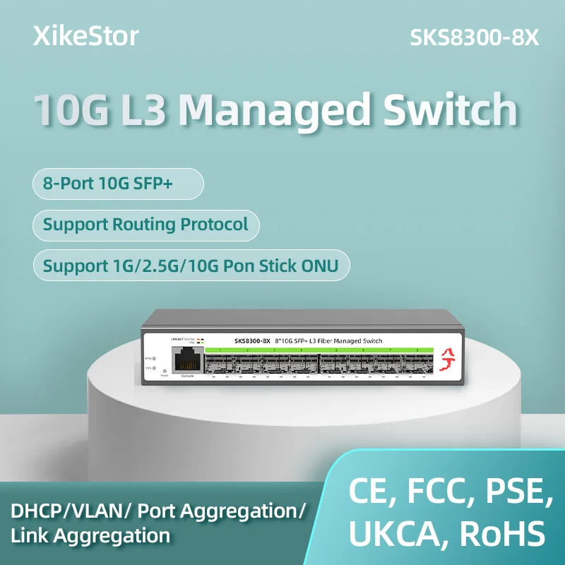 8 10-gigabit SFP+ Ports L3 Managed Network Support DHCP and Dynamic Routing Support VLAN Division and Port Aggregation