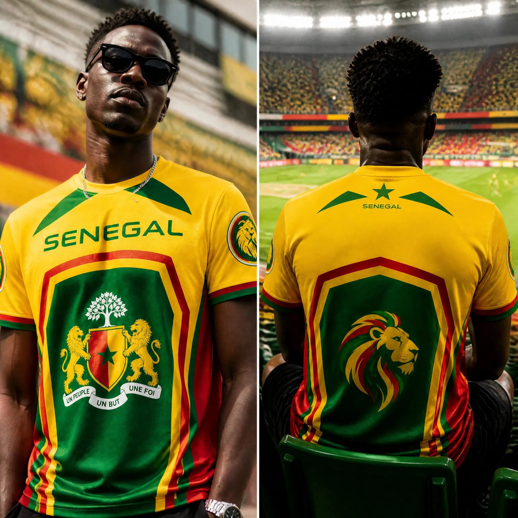 Senegal Mens Crest Lion Graphic Tee Yellow Flag Panel Shirt Short Sleeve Football Fan Top Street Stadium Casual Wear Daily Style