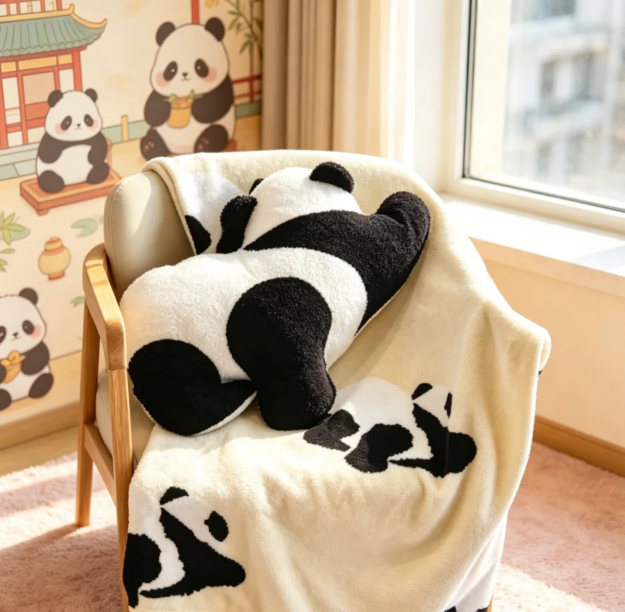 Panda Plush Throw Blanket and Pillow Set Soft Stuffed Animal Bedding for Kids Cozy Fluffy Home Decor for Bedroom Cute Gift for G