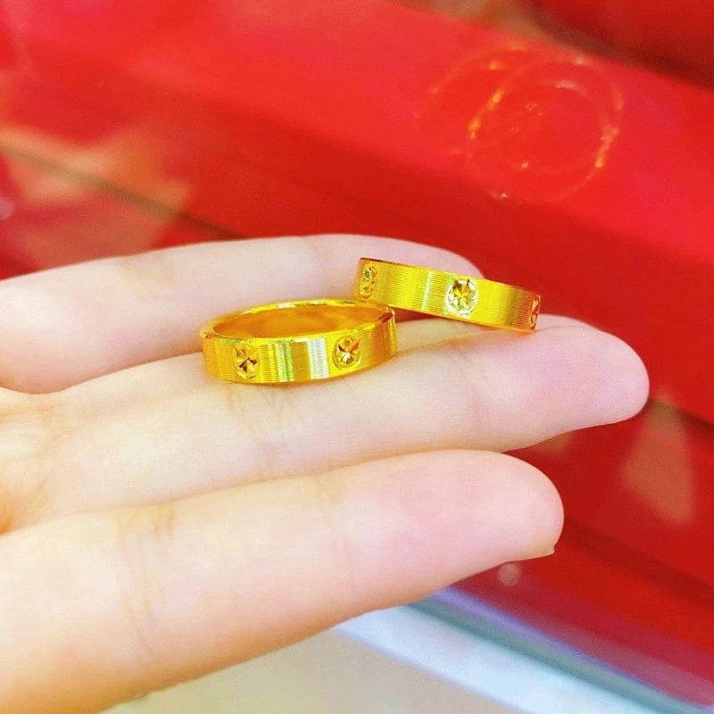 Couple Ring Style Rice Pattern Carved Diamond Texture Ring Fashion For Men & Women 24K Gold AU999, perfect for couples