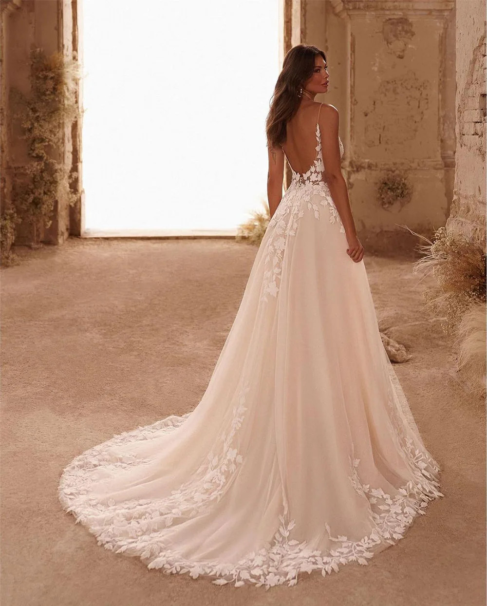 Msikoods vestidos de novia elegantes con cuello en V, Espalda descubierta, apliques florales 3D, vestidos de novia de encaje, vestido de novia de tul