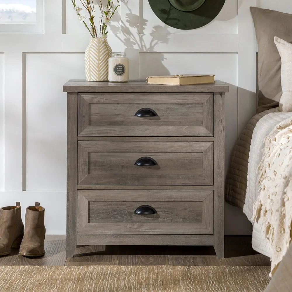 Hazel Modern Farmhouse 3 Drawer Framed Nightstand with Half-Moon Handles, 25 Inch, Grey Wash