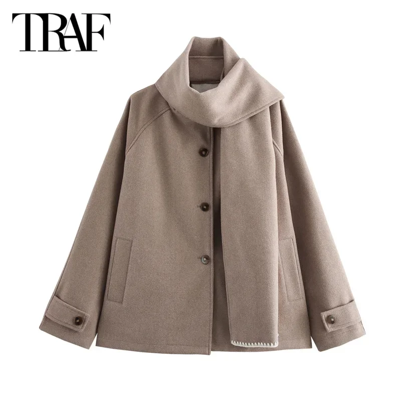 TRAF Women\'s Warm Winter Scarf Jacket Oversized Parkas Coats Outerwears 2024 Autumn Demi-Season Long Sleeve Wool&Blends Coats