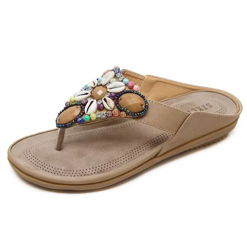 

Women's Summer New Bohemian Style Flip-Flop Slippers Ethnic Style Flat Sole Big Size Beaded Seaside Holiday Beach Slippers