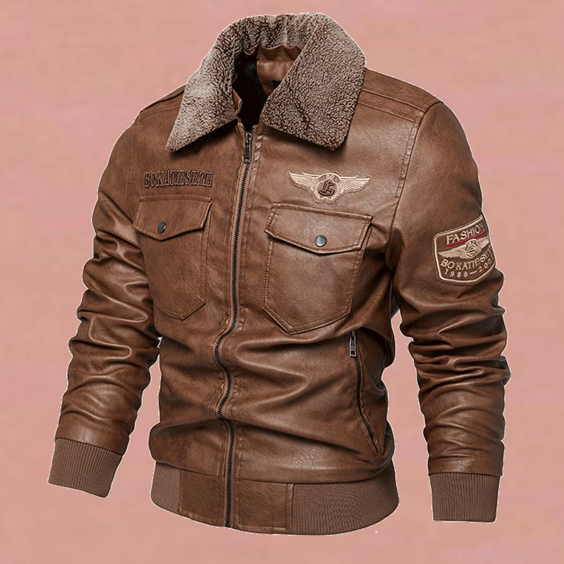 

Men's Faionable Winter Thiened Fce Lined Biker Jaet PU Leather Collar Stand up Coat Youth Slim Fit Sle Casual Wear