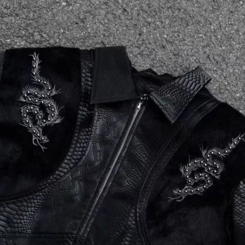 Men Black Snake Embossed Jacket Back Spine Embroidery Rivet Decor Coat Darkwear Gothic Streetwear Oversized Moto Outerwear view 4