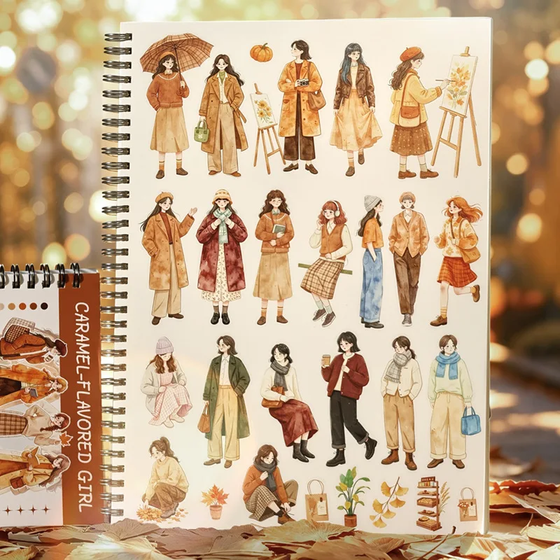livro-de-adesivos-de-personagens-originais-50-unidades--serie-caramel-girl-encadernacao-em-espiral-grande-quantidade-tema-outono-adesivos-fofos
