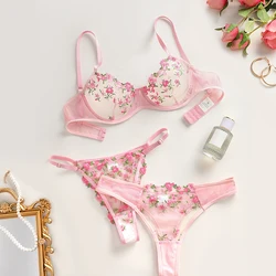 Floral Embroidery Lingerie Set See Through Tulle 3 Pieces Ensemble Underwear Holiday Romantic Sexy Lingerie Sweet Girl Intimates