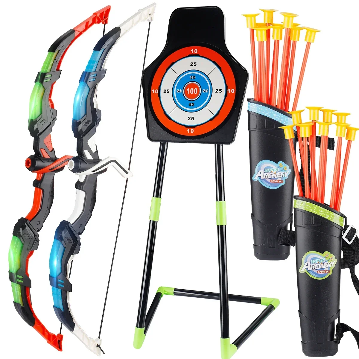 Ensemble de tir à l'arc lumineux MQUDUO avec cible 3D, flèches à ventouse, jeu de tir en extérieur, cadeau d'entraînement à la cible pour débutants