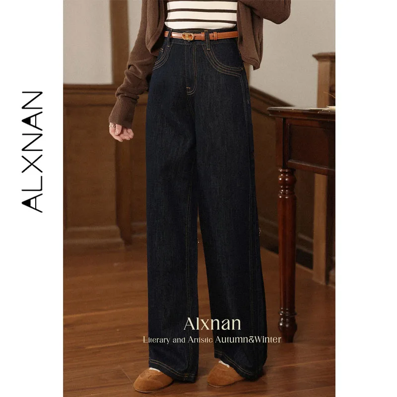 ALXNAN Vintage Dark Blue Jeans Women Wide-leg Straight High-waist Baggy Pants Autumn Casual Elegant Loose-fit Trousers L56792