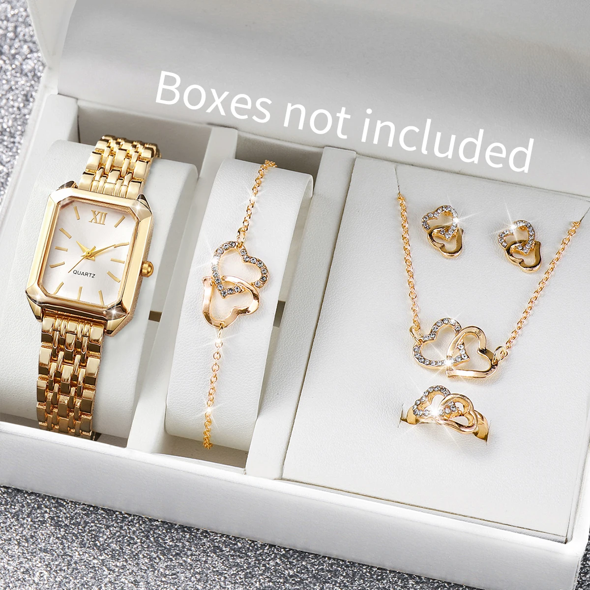 6PCS/Set Fashion Roma Dial Women Watches Ladies Rectangle Quartz Wristwatch Rhinestone Jewelry Set Reloj Mujer (Without Box)