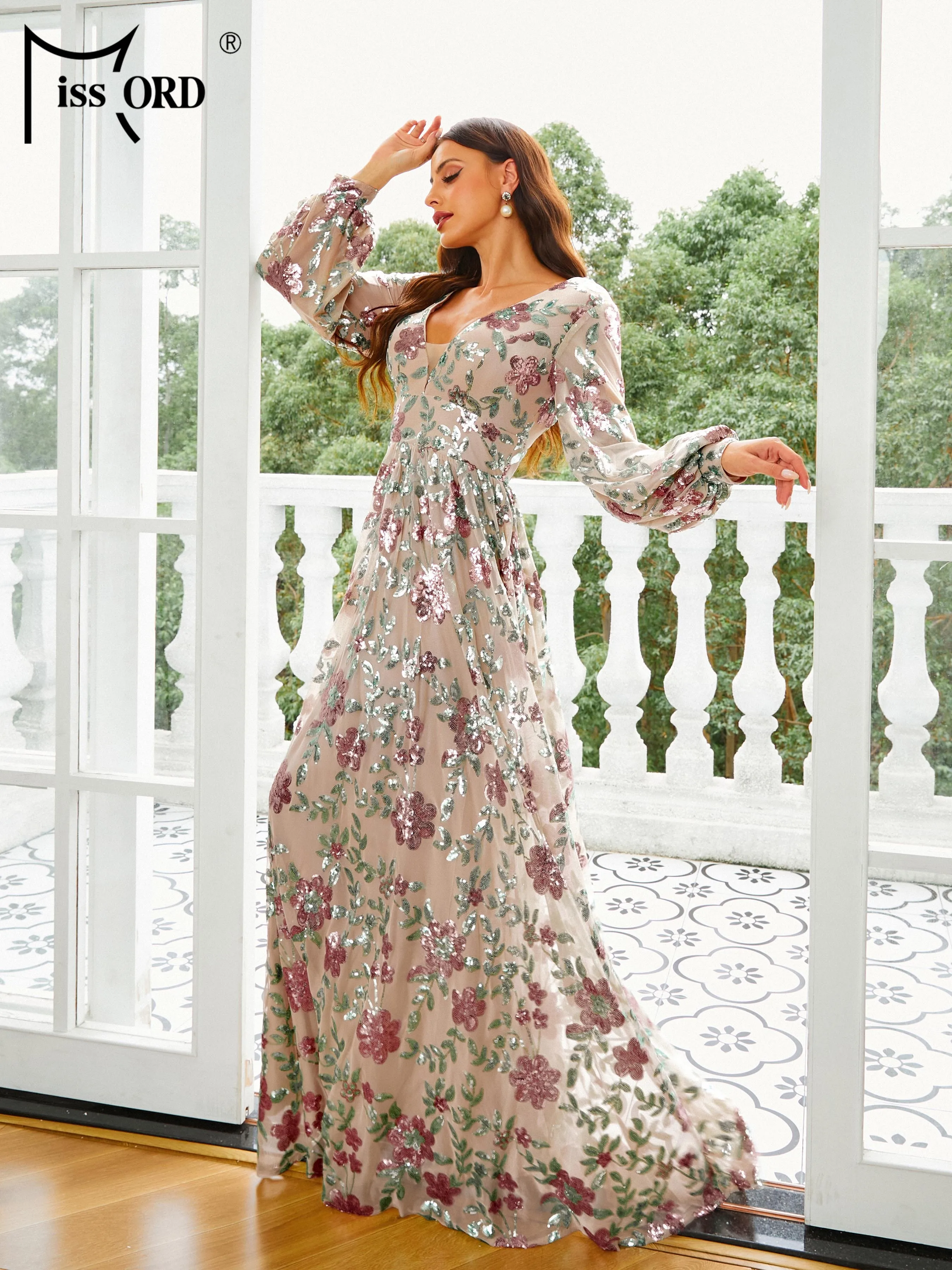 Missord 2024 New Elegant Comfortable Long Sleeved V Neck A Line Floral Floor Length Party Evening Prom Dress