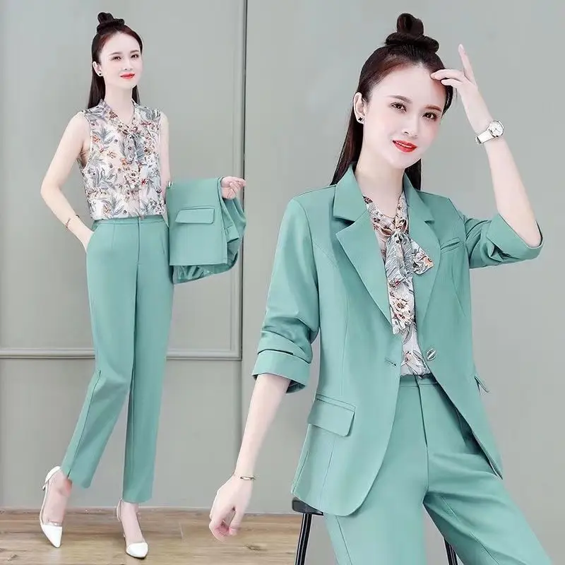 Women\'s Fashion Blazer Three Piece Set 2023 Autumn Korean Elegant Suit Jacket+Vest+Professiona Pants Matching Set Female Clothes