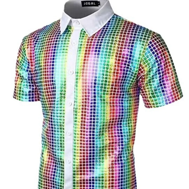 

Shiny Retro Button-Down Shirt for Men 70s Disco Party Formal Dress by Xuanzi