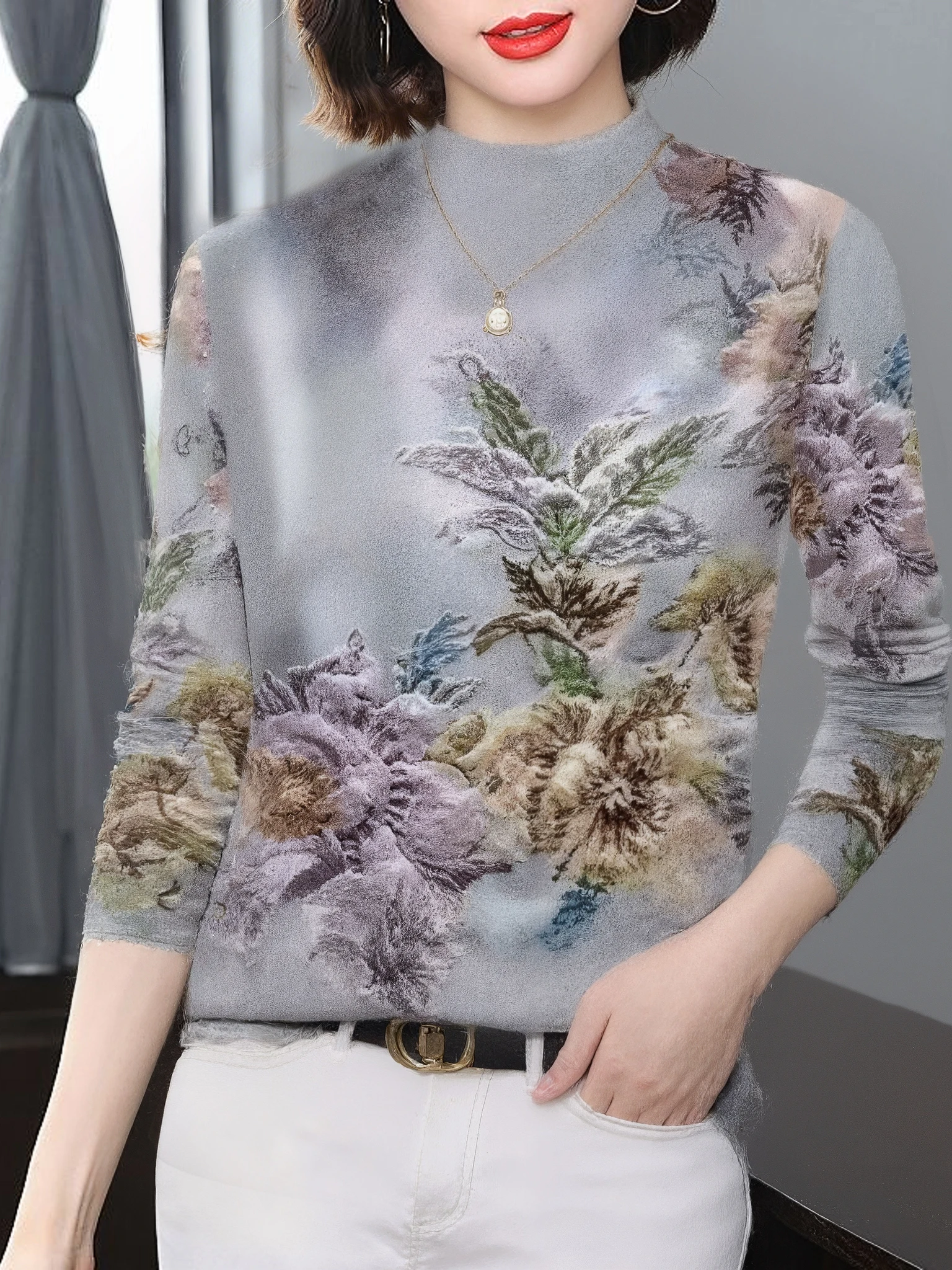 

Fashionable Plant Print Long Sleeve Base Shirt Women's Mid-aged Slimming Top Half High Collar New Arrival Elegant Anti-aging