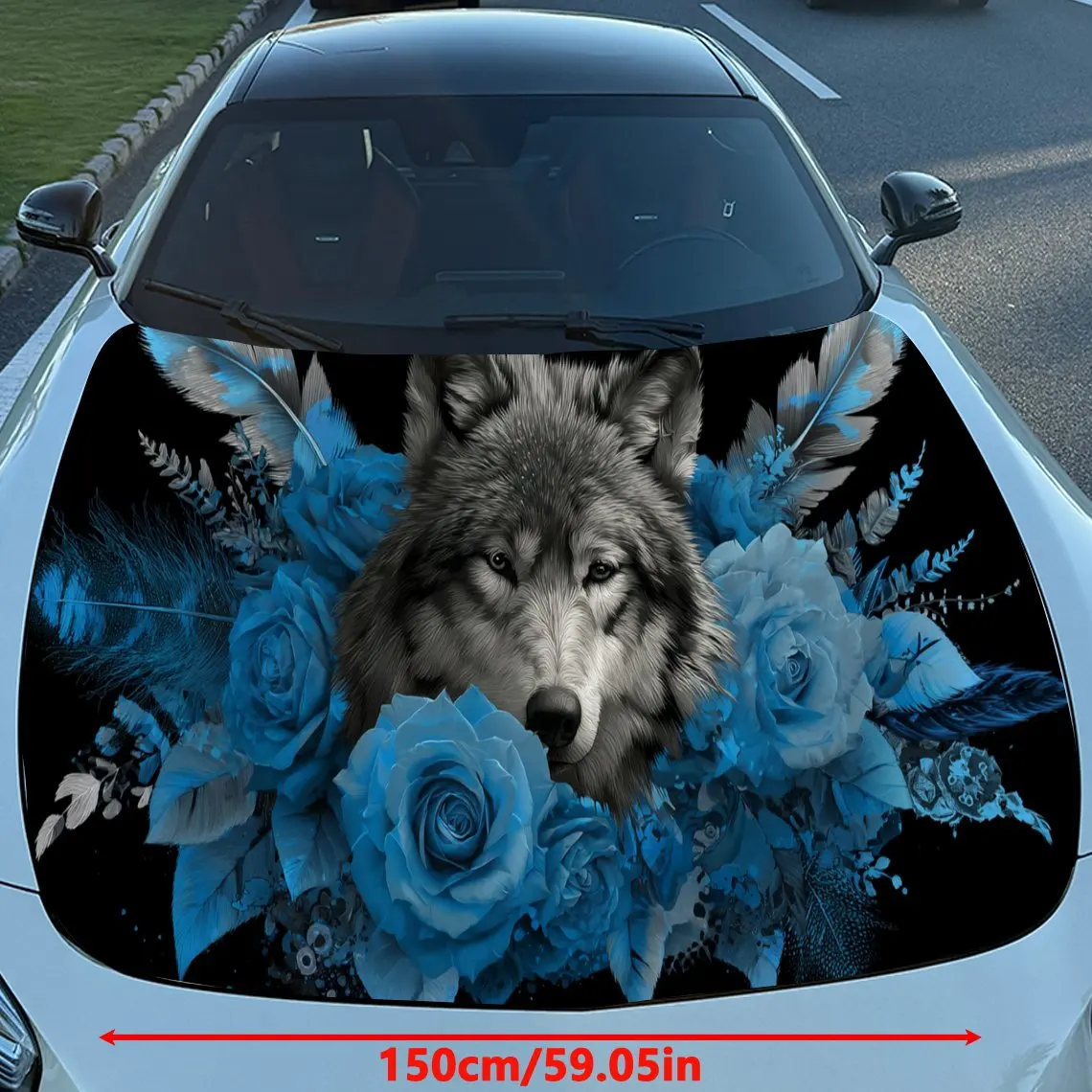 Whimsical Blue Floral Dreamcatcher Wolf Auto Cover Sticker, Waterproof and Self-adhesive Auto Hood Decal, Auto Vinyl Wraps, Cool