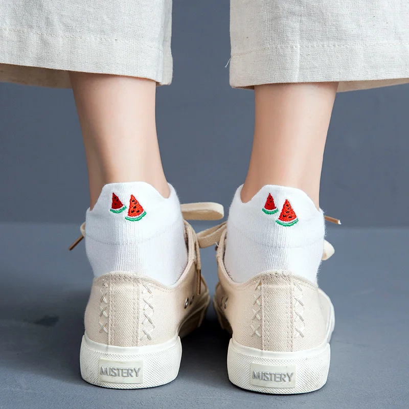 Fruits Embroidery Kawaii Socks Women Casual Solid Color White Socks Cotton Thin Breathable Sweet Girls Cute Low Cut Ankle Socks