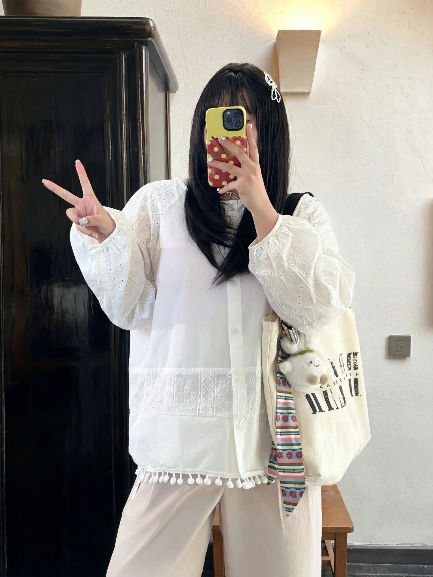 

Loose Fit round Neck Shirt plus Size Women's Spring New Style Versatile Meat Concealing Slimming 16889O Casual Cotton Shirt