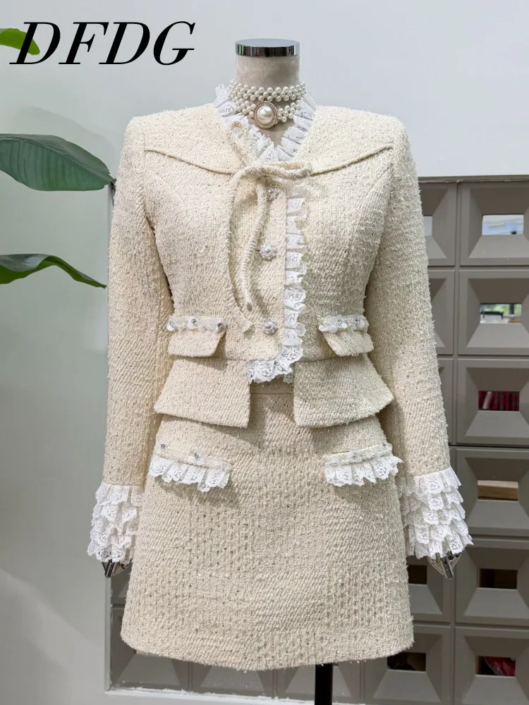 DFDG 2025 Autumn Winter Women’s Designer Apricot Suit Set Lace Ruffle Trim Sequin Coat Bodycon Skirt Elegant Minimalist Set