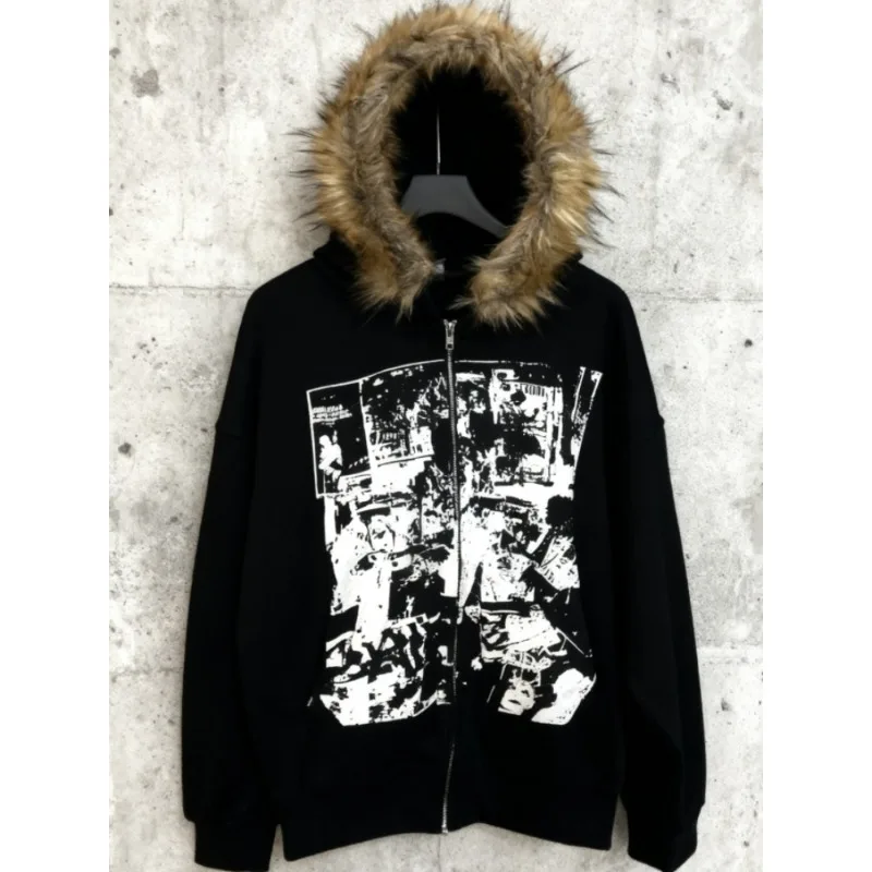 Subculture Coats with Hooded Female Gothic Harajuku Jackets Y2k American Vintage Black Faux Fur Sweatshirts Women Letter Printed