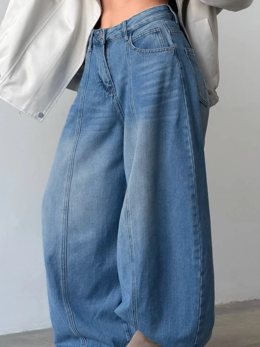 Wolfeel Women's Fashionable Temperament Wide Leg Jeans Classic Pocket Button Zipper Pants Suitable for Minimalist Street Wear