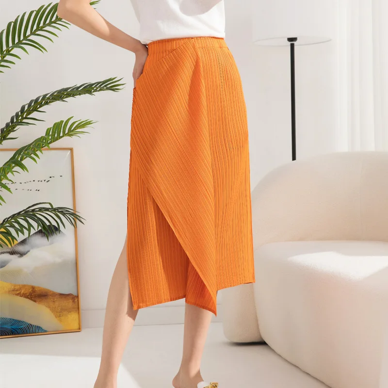 

Miyake Style Pleated Skirt for Women Spring/Summer New Fashionable Temperamental All-Match Elastic Waist Oblique Slit Midi Skirt