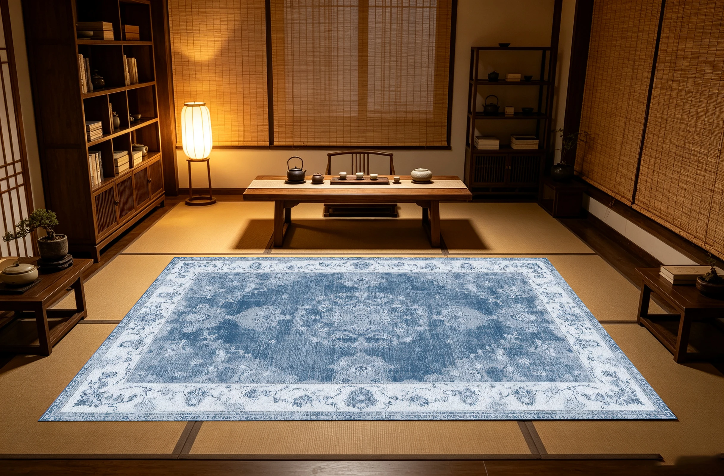 2D Gray-Blue Retro Pattern Rug, European Retro Style, Soft & Comfortable, Suitable for Living Room & Bedroom, Enhances