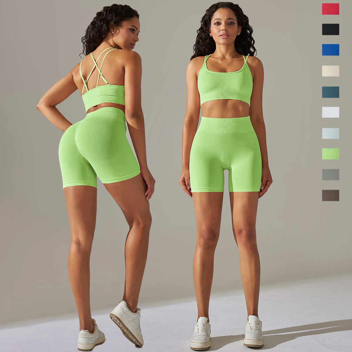 

Summer Seamless Cross Straps Bra Shorts Yoga Set High Waist Quick-Dry Nylon Workout Gym Sports Shorts Sexy Backless Yoga Bra Set