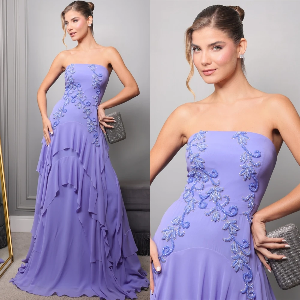 تخصيص فستان سهرة شيفون مثير بدون حمالات رشيقة يزين فساتين حفلة موسيقية موضة طبقات مطرزة فساتين المناسبات الخاصة