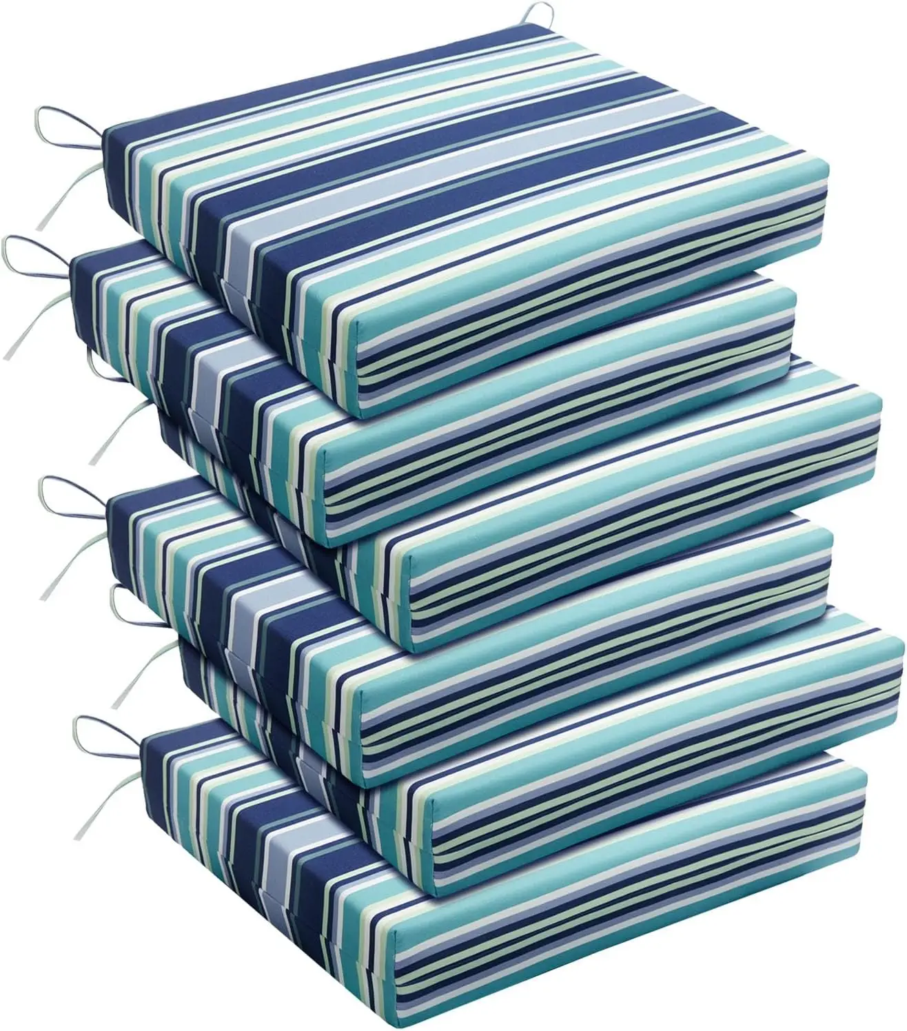 Set of 6 Water-Resistant Outdoor Chair Cushions with Ties, Square Design for Patio Furniture in Pinstriped Blue