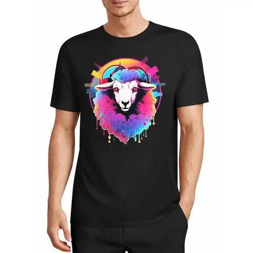 Neon Gradient Sheep City Graffiti Paint Drip Trendy Print Black T-Shirt