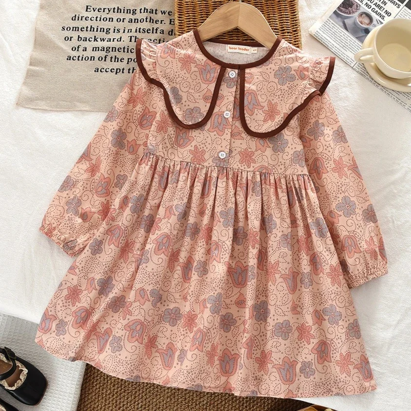 Girl Skirt 2026 Spring And Autumn New Childrens Clothing Girl Baby Foreign Style Broken Flower Doll Collar Long Sleeve Skirt