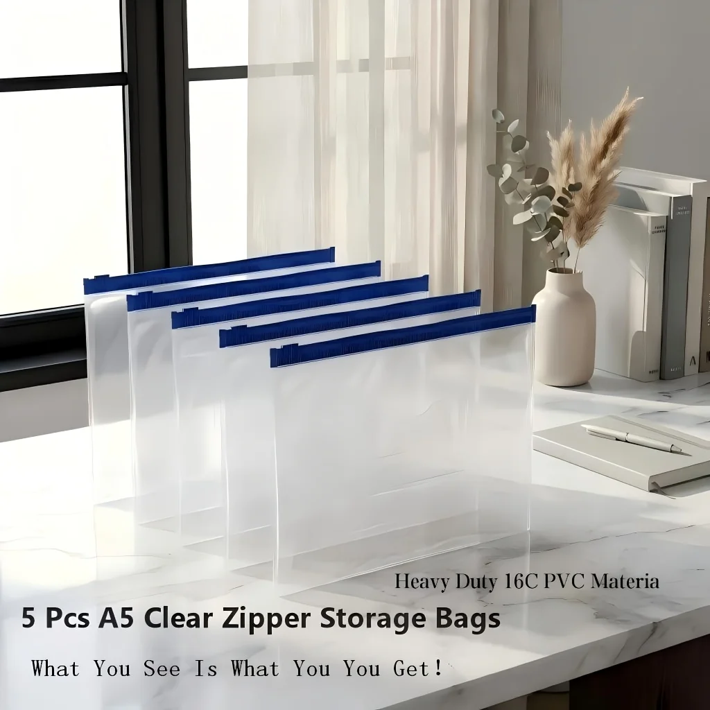 5-Pack A5 Clear Zipper File Bags Thickened PVC Document Pouch School Office Travel Receipt Passport Storage Organizer