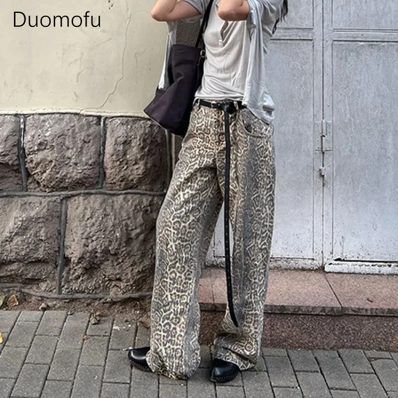 Duomofu American Leopard Wash Jeans Women Y2K Retro Street Hot Girl Loose Korean Style Casual Hot Girl High Waist Straight Jeans