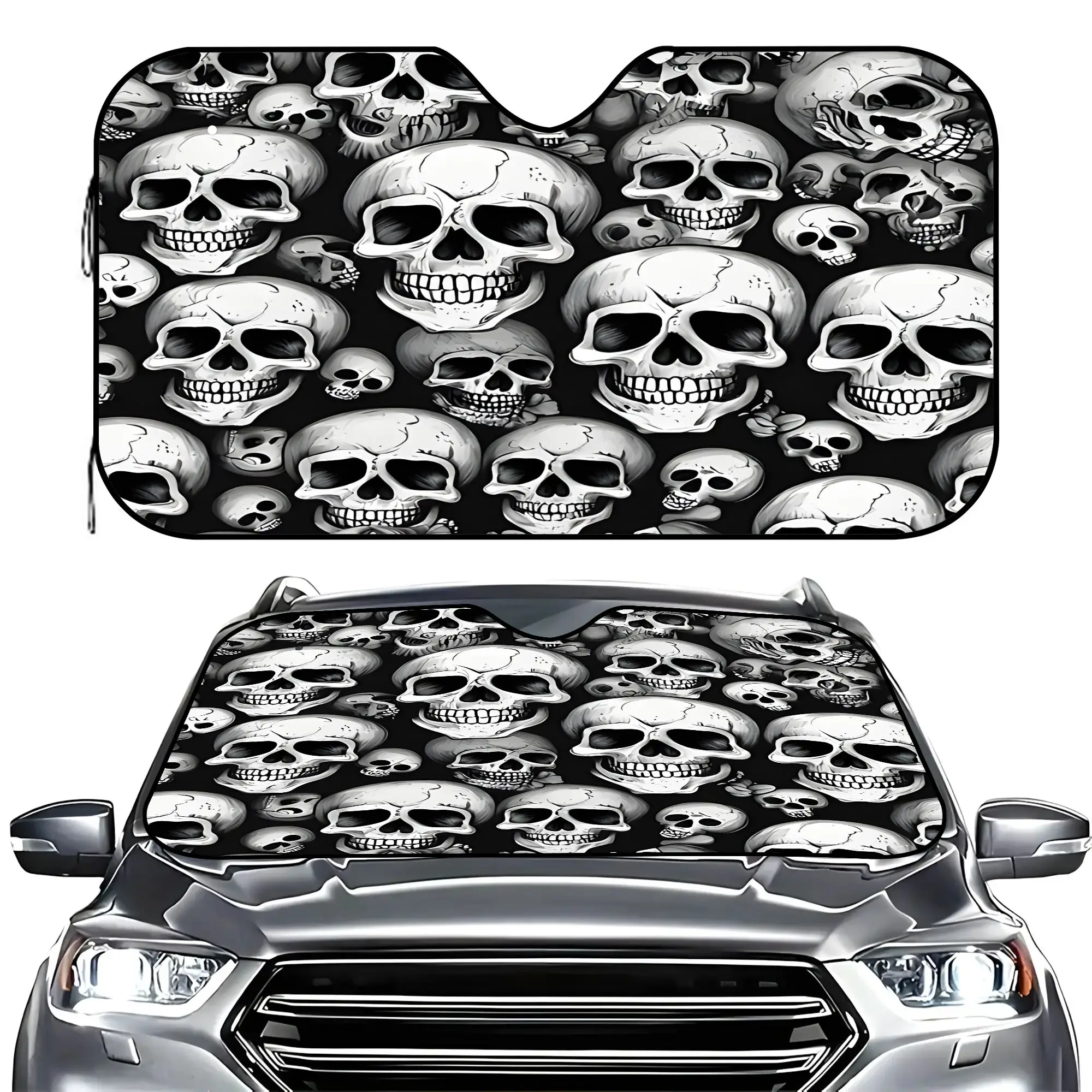 Skull Print Car Windshield Sun Shade, Heat Insulator Aluminum Foil Sun Visor, UV Protector for Cool Interior
