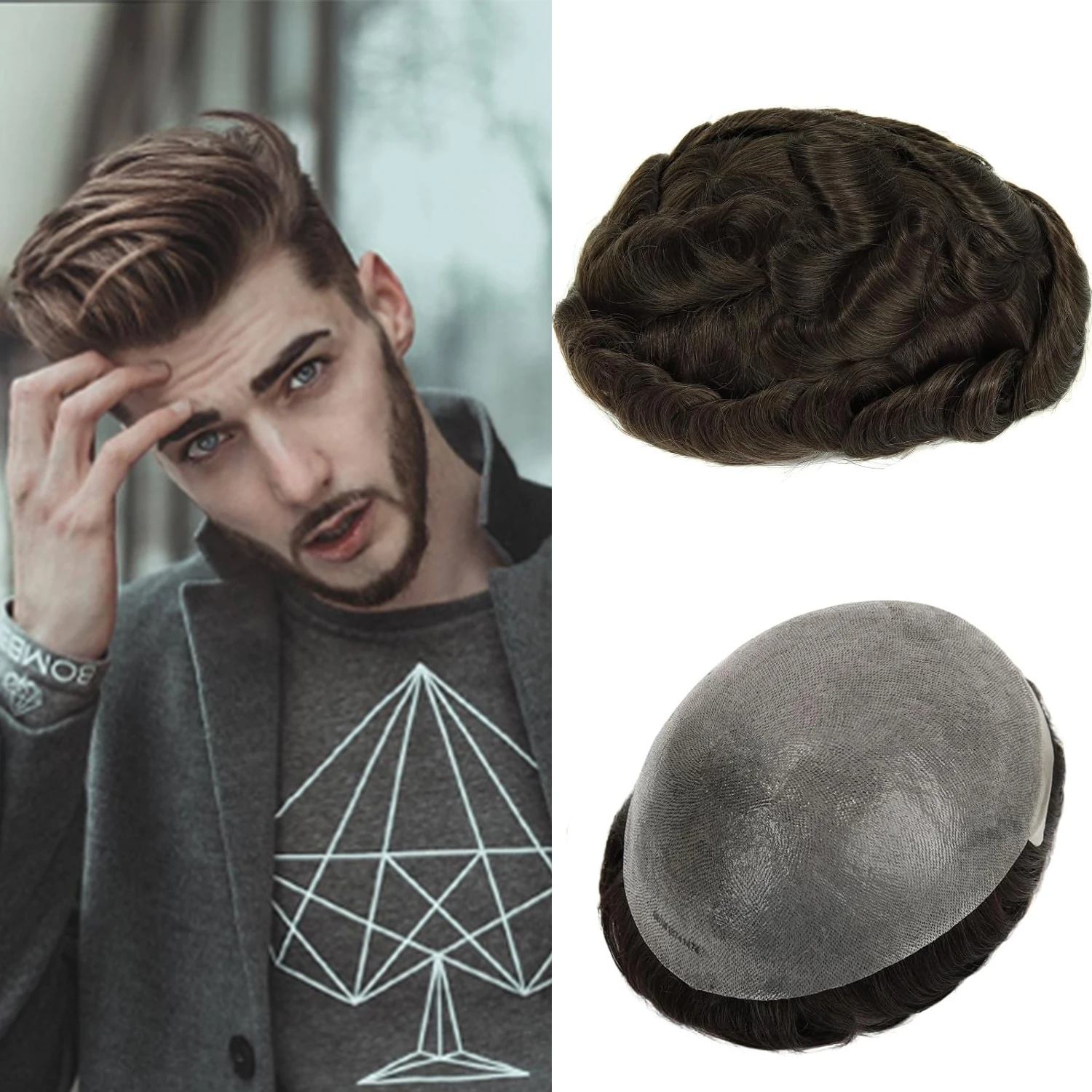 

Men's Toupee Hair System for Men 0.03mm Ultra Thin Skin Base Size 100% Real Human Hair Toupee for Men 6 Color Can Choose Natural Black and Brown Natural Hairline 8x10 Inch Size Knotless V-Looped Invisible Hairline Virgin Human Hair