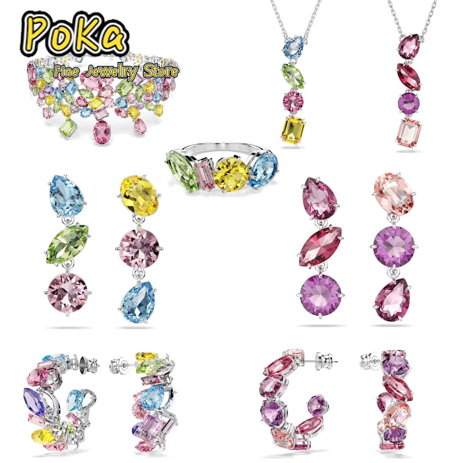 

Poka Candy Crystal 2026 Новогодний комплект ювелирных изделий Роскошное геометрическое изысканное ожерелье Серьги Браслет Кольцо Свадебный подарок для женщин