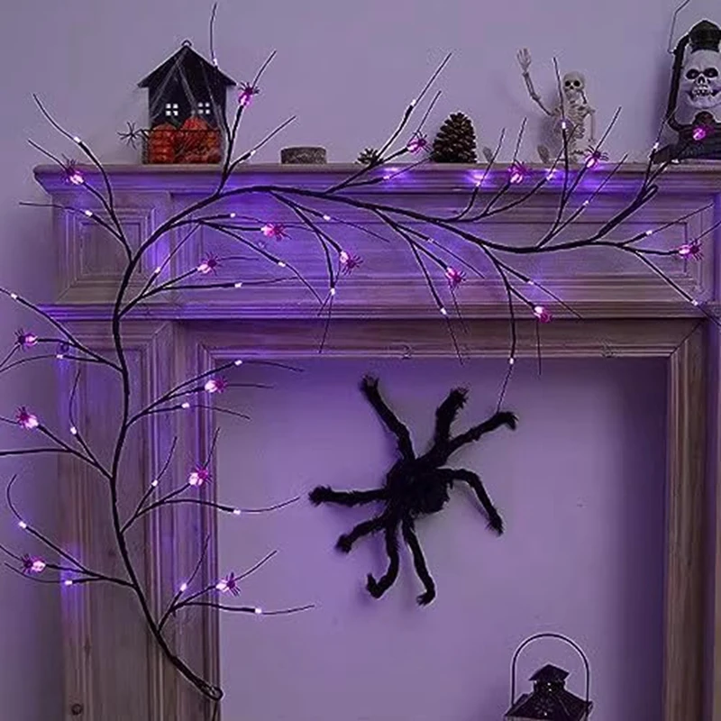 Halloween Vine String Lights, Cor preto e roxo com decoração de aranha, Decoração de árvore interior e exterior, Promoção