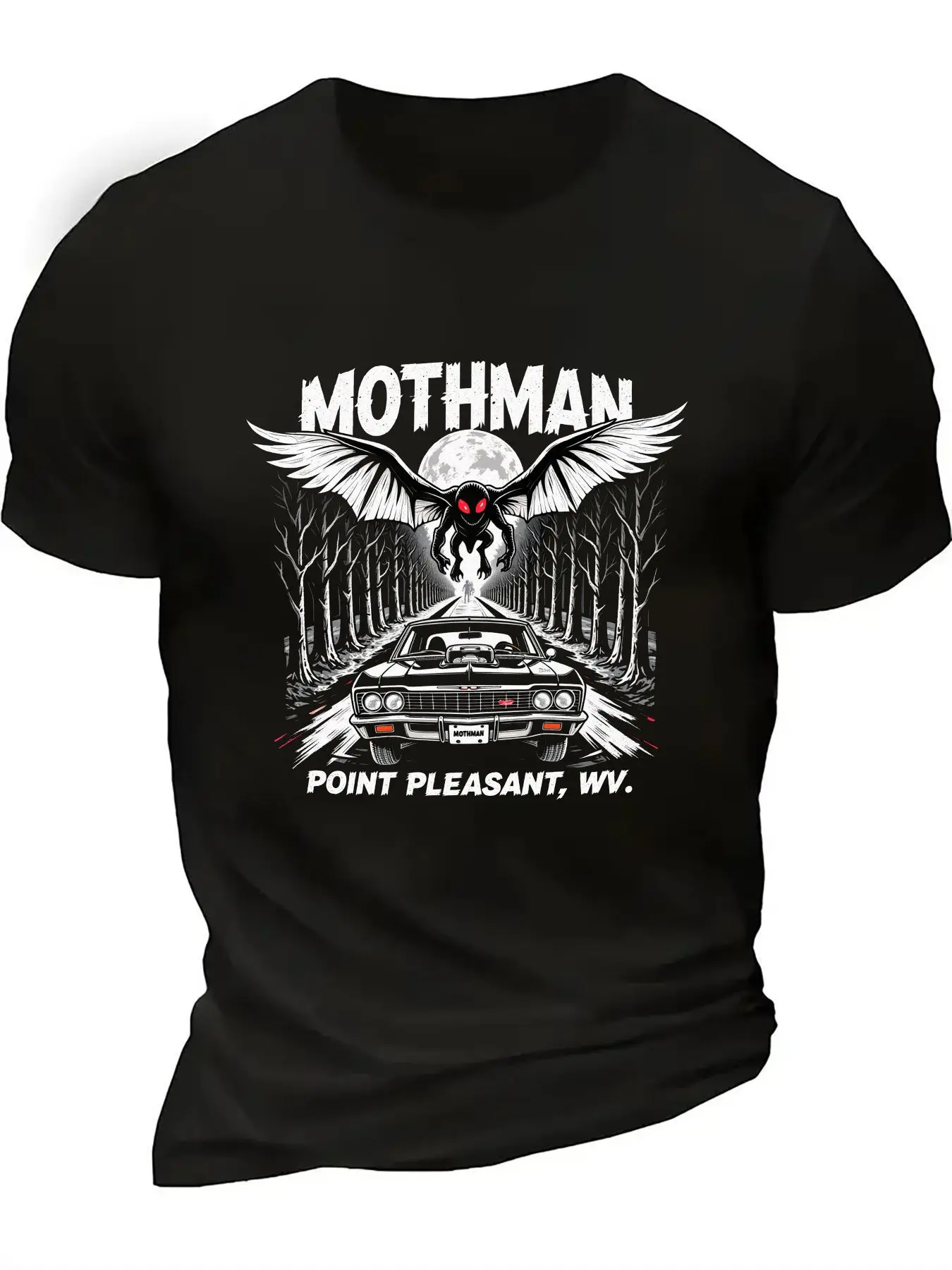 Vintage West Virginia Point Pleasant Mothman Creature & Car T-Shirt 100% Cotton O-Neck Short Sleeve Summer Casual Mens T-shirt