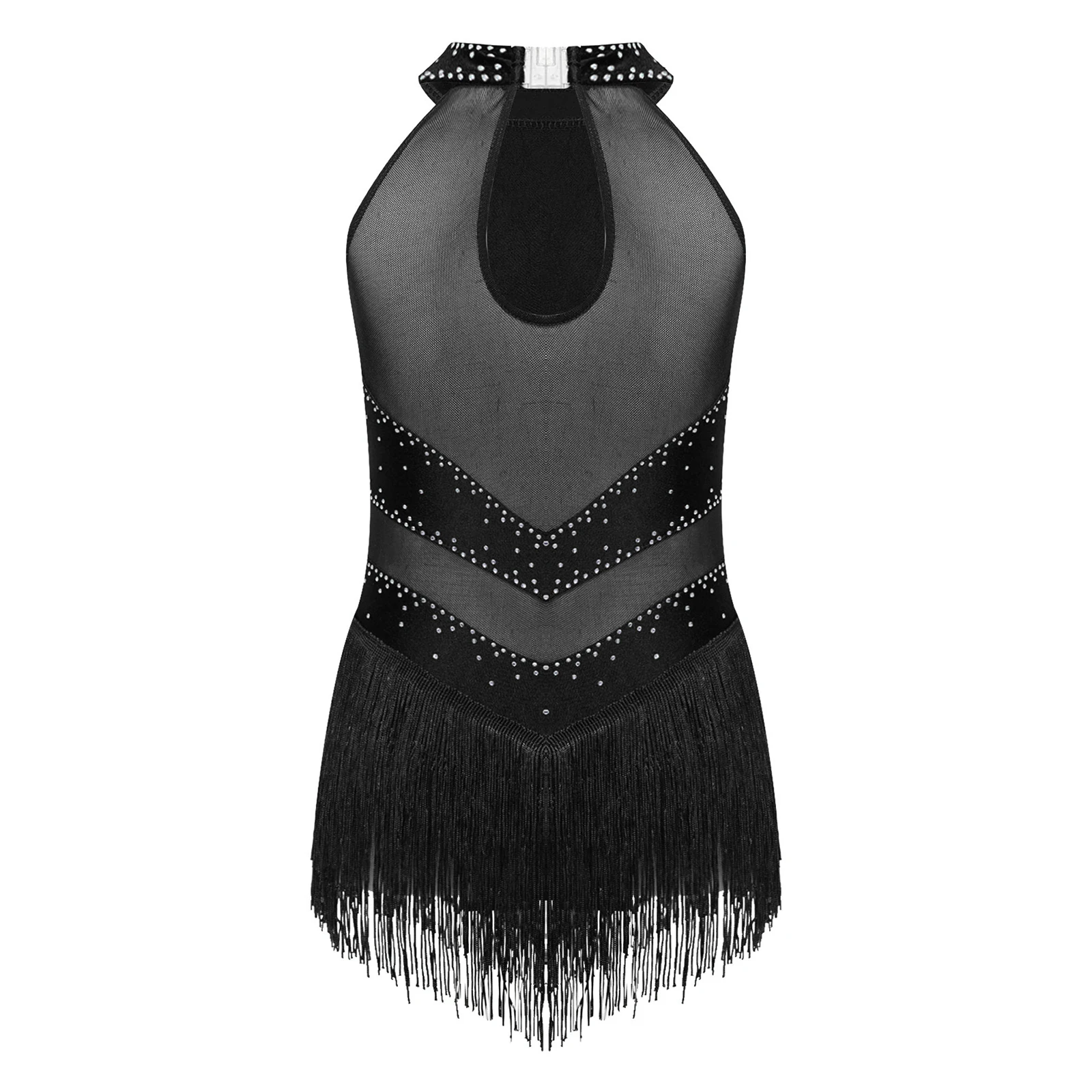 Children Girls Figure Skating Latin Dance Cha-Cha Samba Rumba Tango Leotard Dress Sleeveless Tassel Rhinestone Mesh Bodysuit