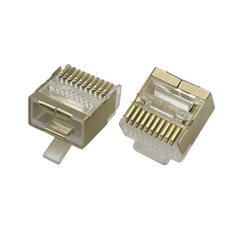 Flat shielded network cable connector with gold-plated 10P10C RJ45 plug, designed for flat cables, 30U gold-plated