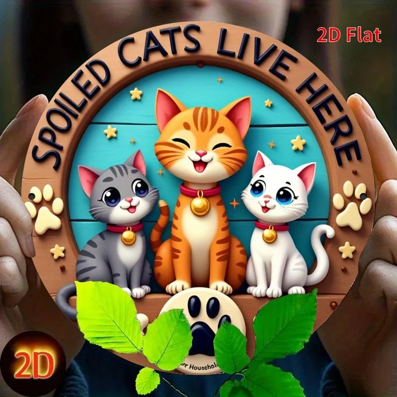2D flat printing, 1pc, Vintage round iron sign- Spoiled cats and their housekeepers live here, suitable for patio, porch, garage
