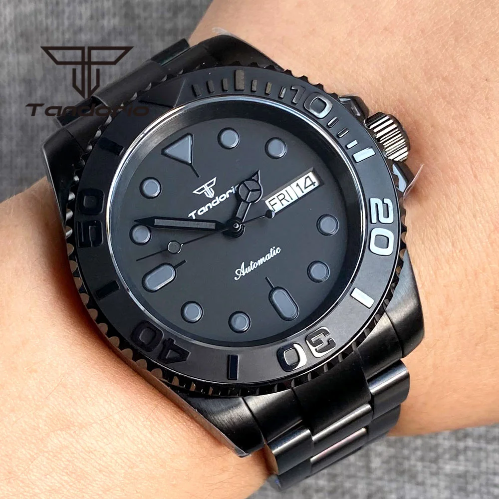 Tandorio Schwarz PVD NH36A 40mm Automatische Armbanduhr für Männer Keramik Rotierenden Lünette Saphirglas Woche Datum Display