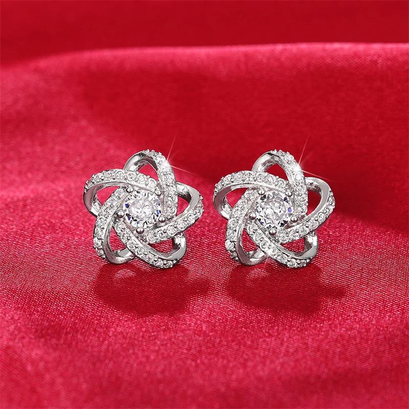 Huitan Flower Shape Stud Earrings Silver Color Trendy Luxury Women Ear Piercing Earrings Fancy Daily Wear Accessory Chic Jewelry