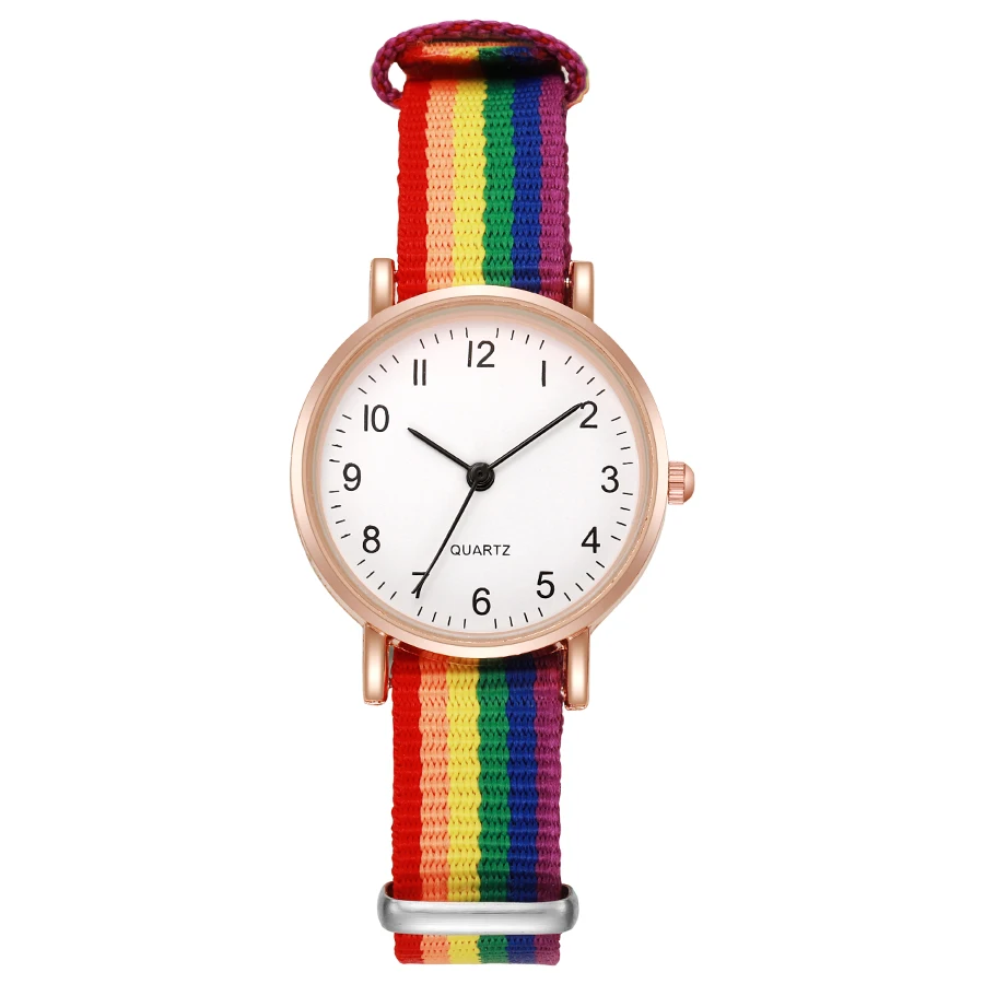 Moda popolare nuove ragazze orologio al quarzo colore arcobaleno cinturino in tela orologio da donna all'ingrosso