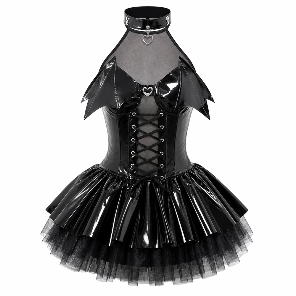 Women Leather Bodysuit Lolita Skirt Set Uniform Suit Sexy Maid Outfit Christmas Cosplay Costume Bat Imp Western IP Roleplay