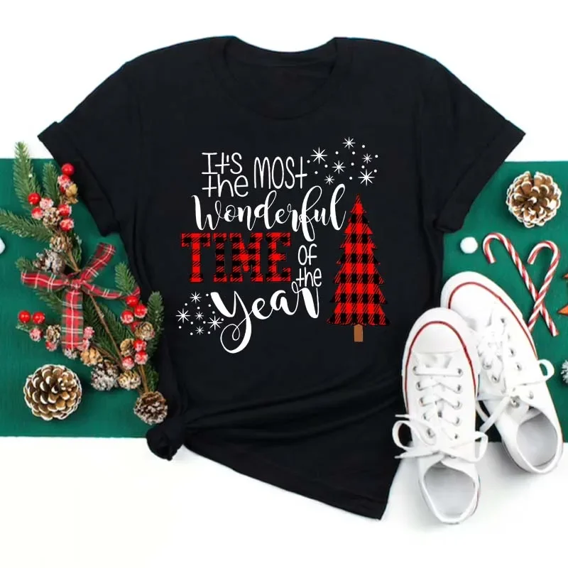 Funny Christmas Women Tops Tee Merry Christmas Letter Fashion Girl Cartoon Graphic Holiday Women Tees Clothes