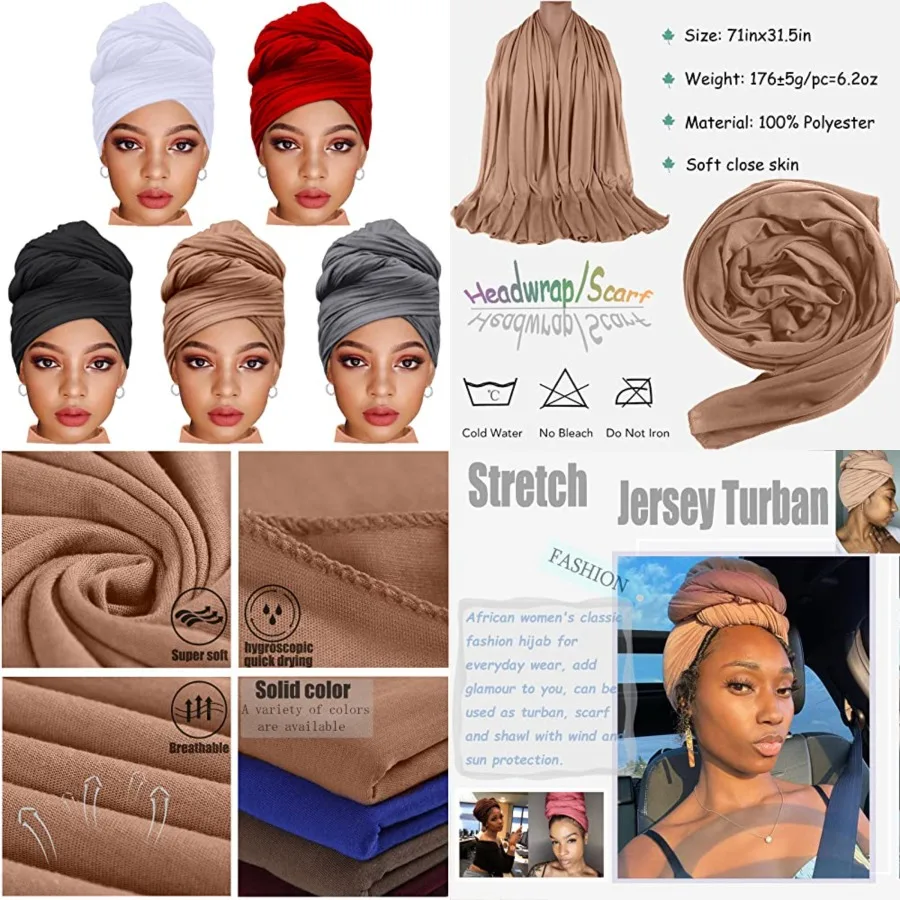 ZRQ 5 Pieces Headwraps for Women Stretch Jersey Turbans Scarf Soft Urban Hijab Solid Color Multicolor Combination African Headw